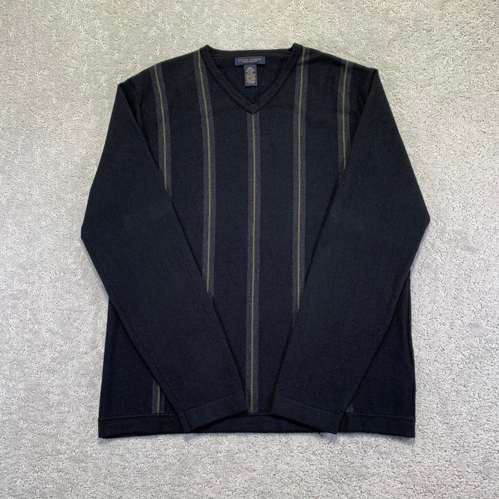 VINTAGE Banana Republic Sweater Mens L Black Striped V-Neck Stretch Merino Wool